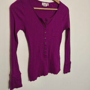 y2k OP Ribbed Textured Scoop Neck Slim Fit Henley Long Sleeve sz S/M Purple